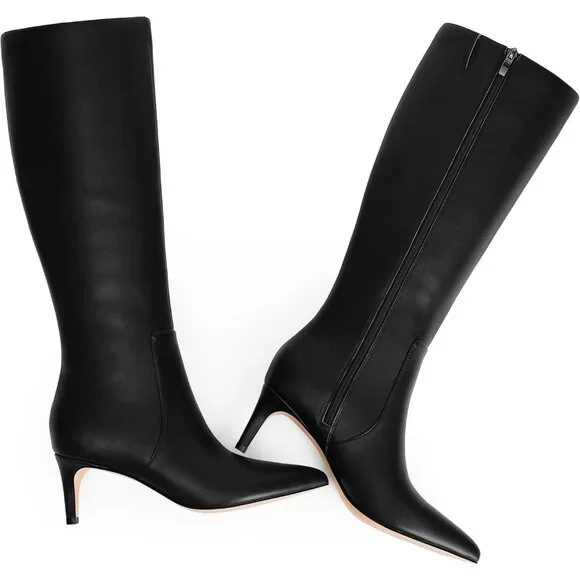 Women's Black 1 Tall Boots Pointed Toe Kitten Heel Side Zipper Knee High Boots